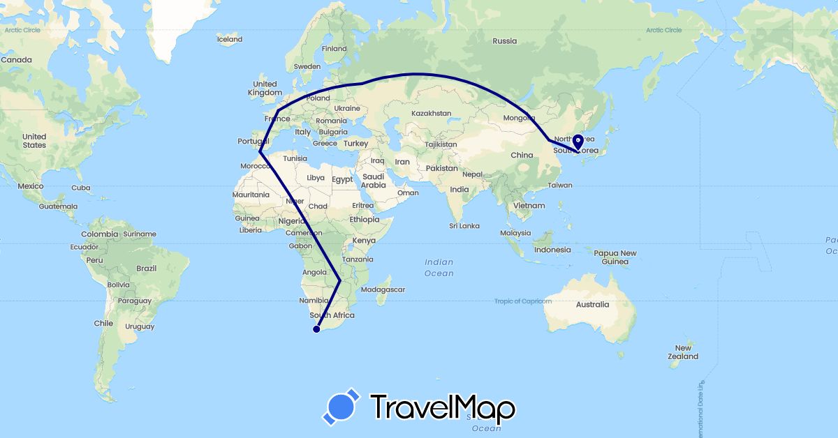 TravelMap itinerary: driving in China, Germany, Spain, France, South Korea, Mongolia, Russia, South Africa, Zambia (Africa, Asia, Europe)